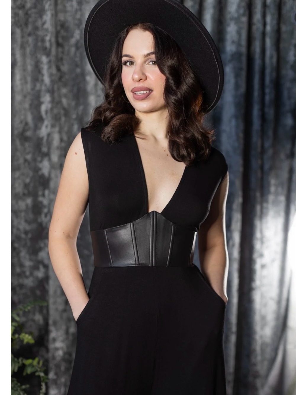 Witchwood Bags Women's Black Wide-Leg Jumpsuit with Faux-Leather Waist - Picture 3 of 5